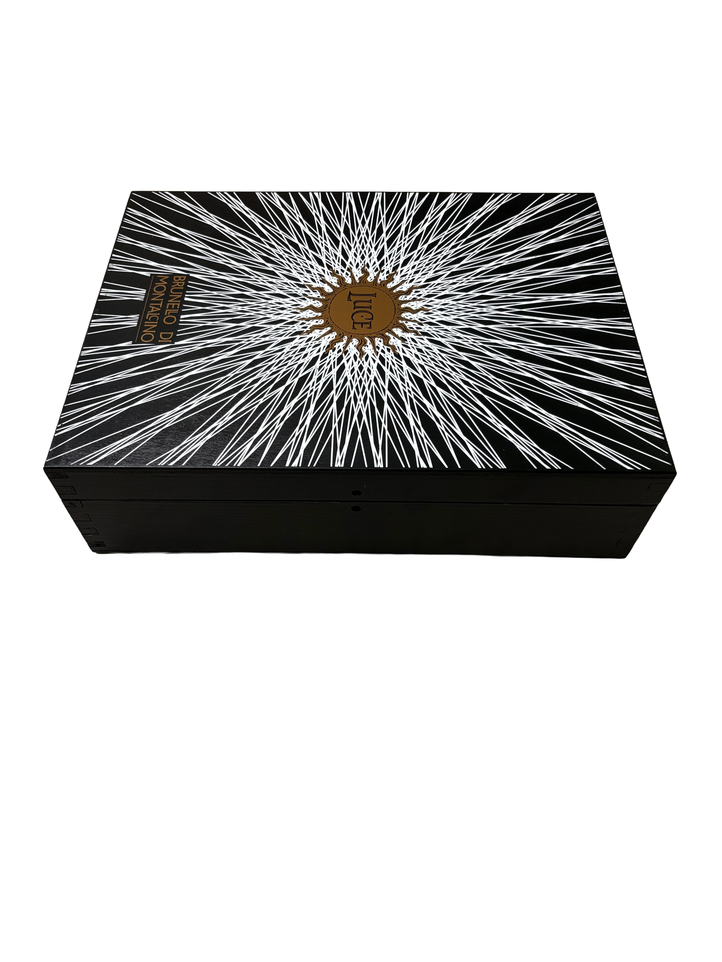 Luce Brunello di Montalcino repurposed black wooden wine crate with Hinged Lid from Tenuta Luce winery in Tuscany, Italy.