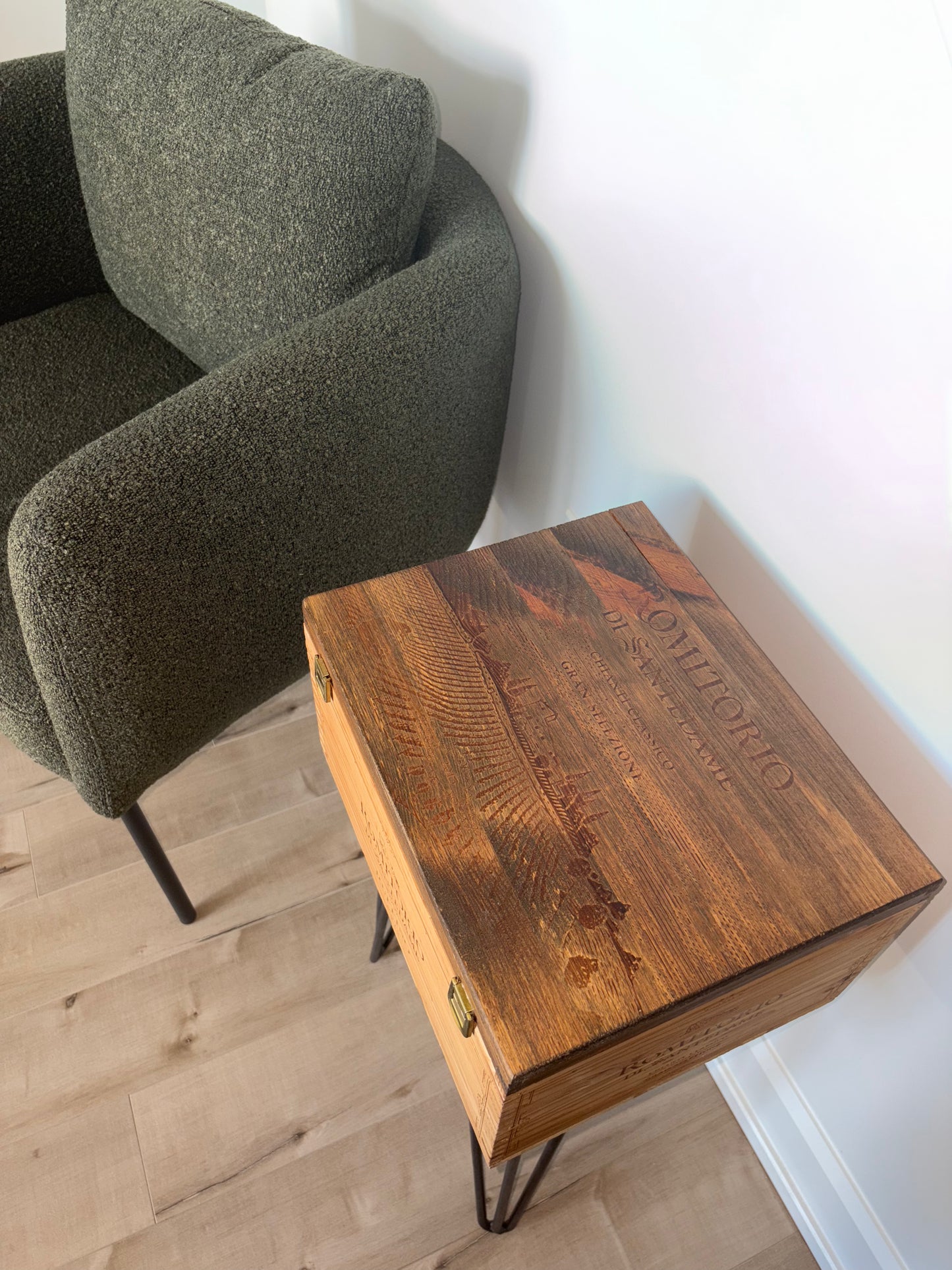 Ruffino Romitorio upcycled wooden wine crate Side Table with Hinged Lid from Ruffino winery in Tuscany, Italy.