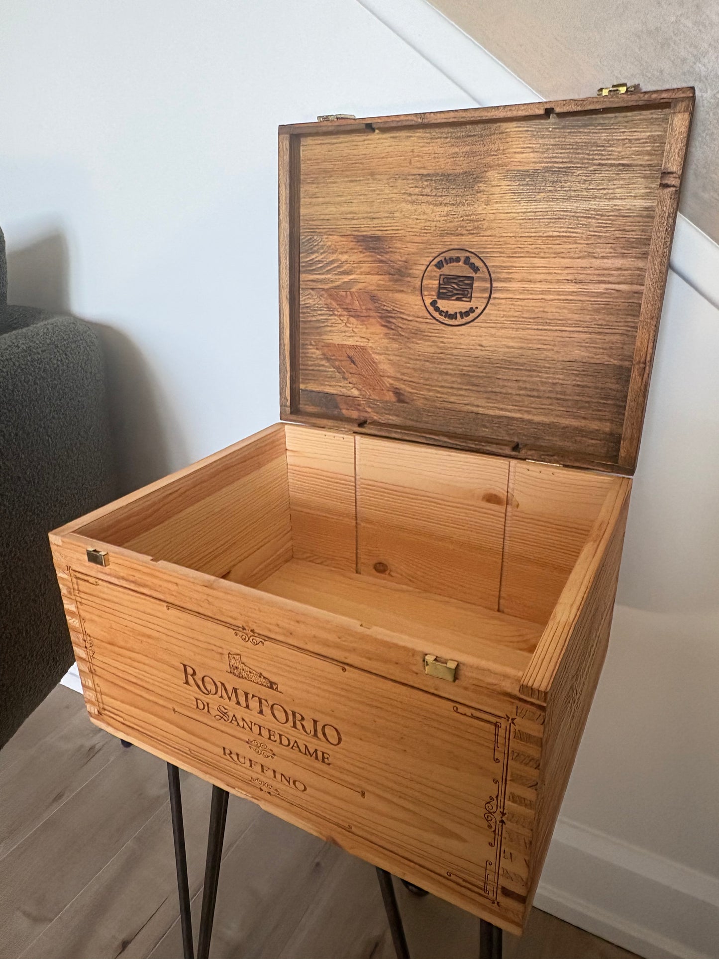 Ruffino Romitorio upcycled wooden wine crate Side Table with Hinged Lid from Ruffino winery in Tuscany, Italy.