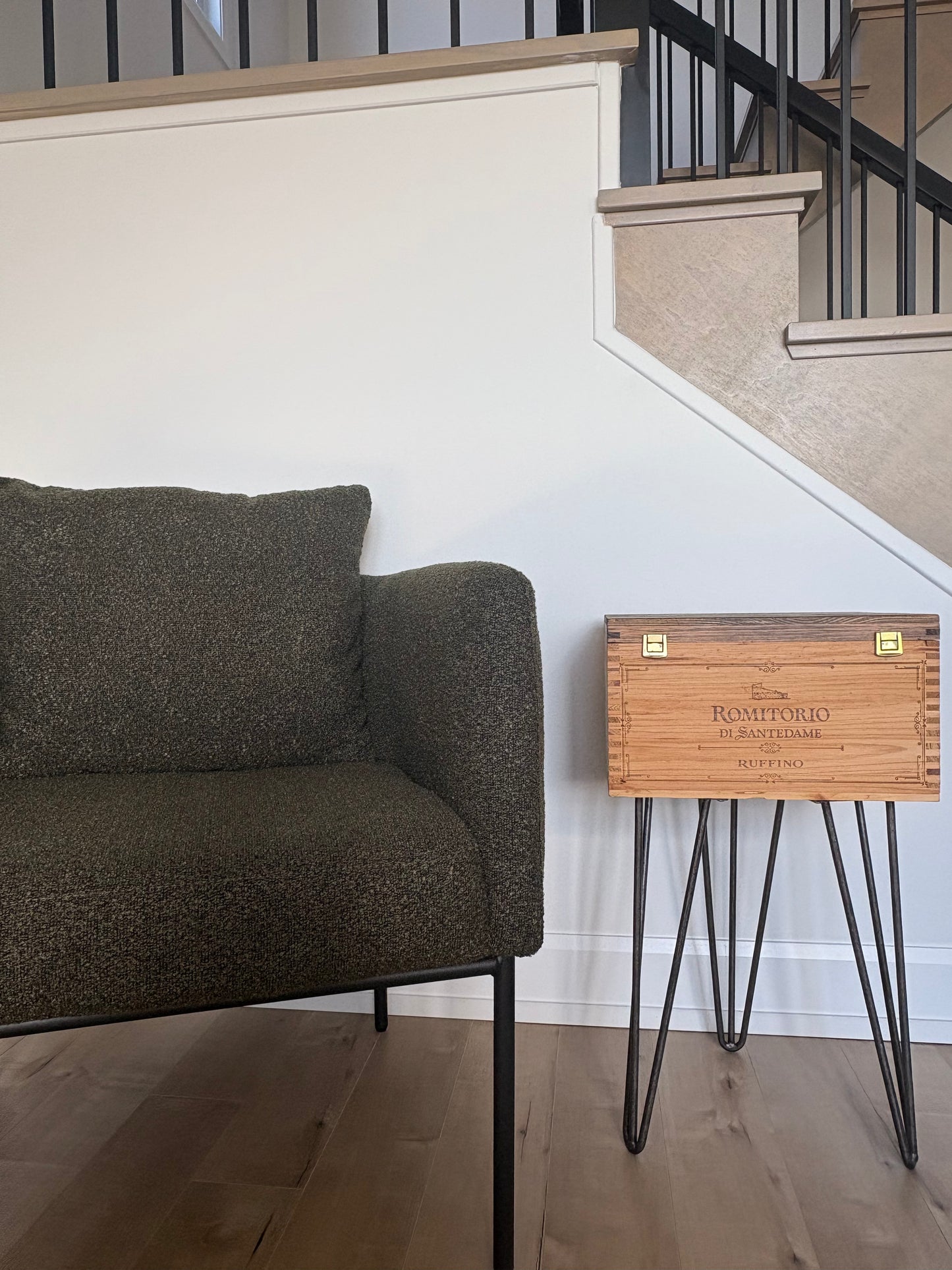 Ruffino Romitorio upcycled wooden wine crate Side Table with Hinged Lid from Ruffino winery in Tuscany, Italy.