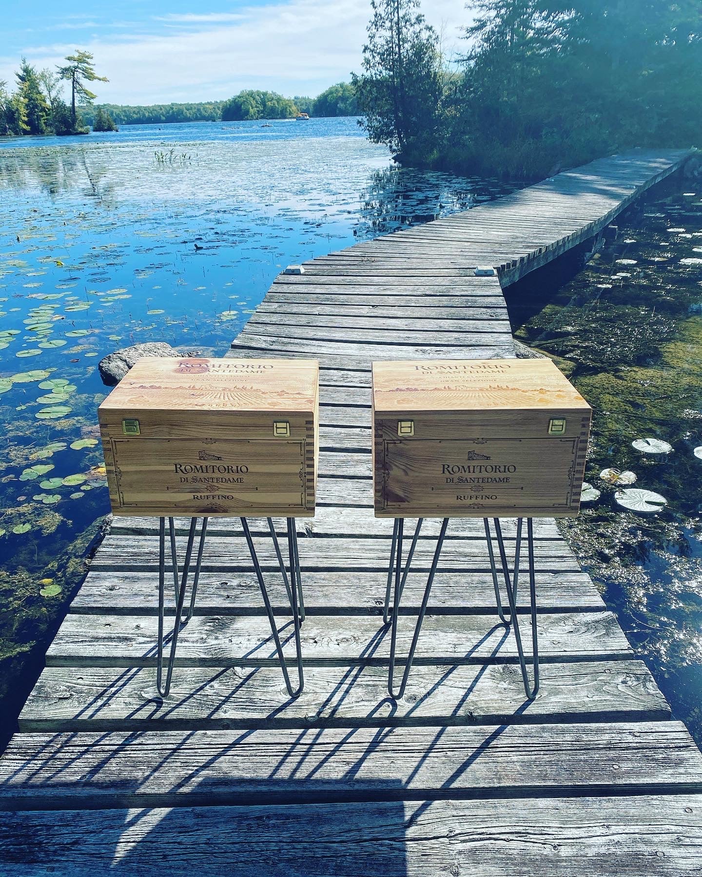 Ruffino Romitorio upcycled wooden wine crate Side Table with Hinged Lid from Ruffino winery in Tuscany, Italy.