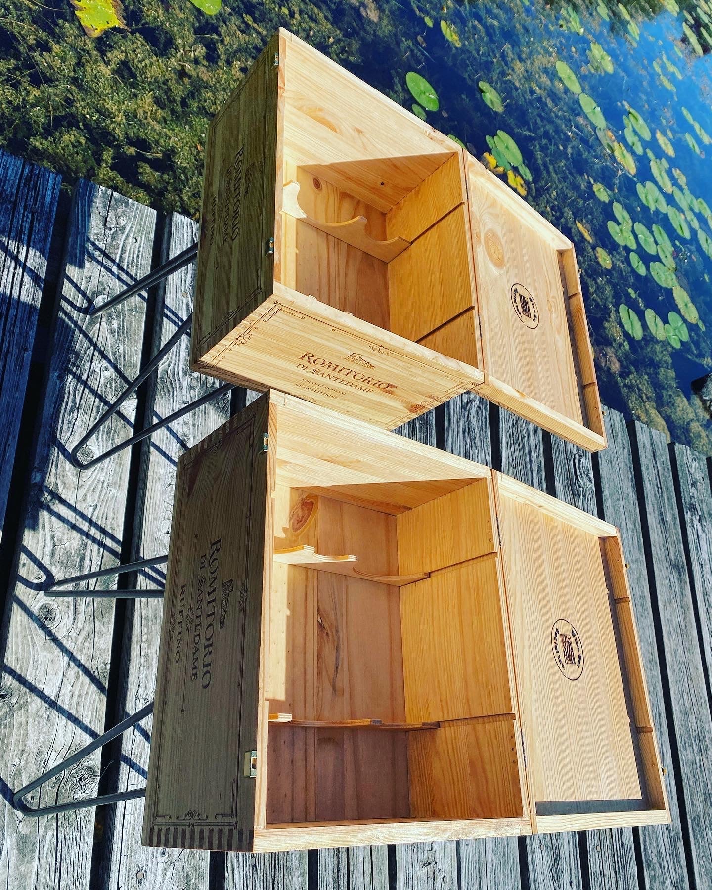 Ruffino Romitorio upcycled wooden wine crate Side Table with Hinged Lid from Ruffino winery in Tuscany, Italy.