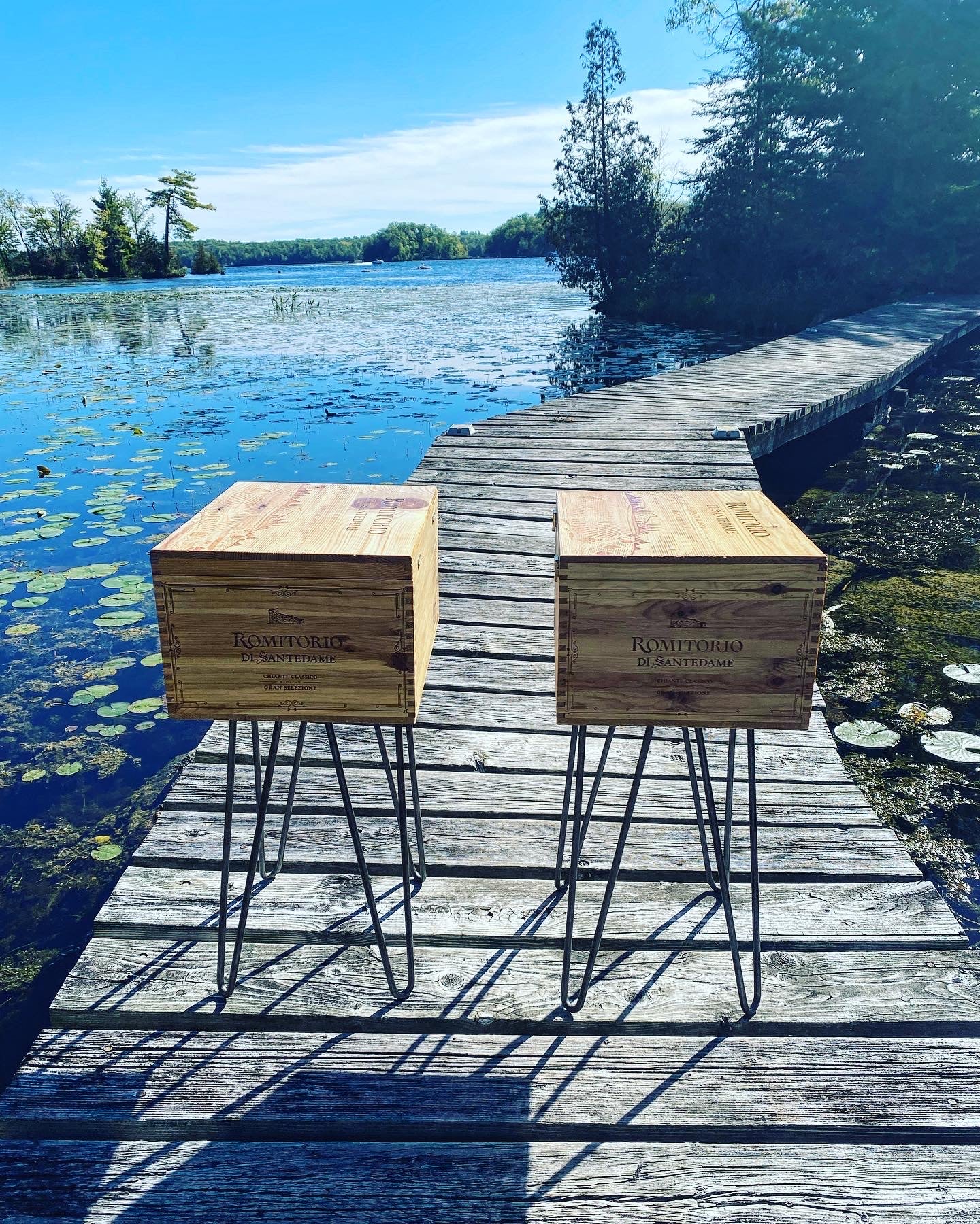 Ruffino Romitorio upcycled wooden wine crate Side Table with Hinged Lid from Ruffino winery in Tuscany, Italy.