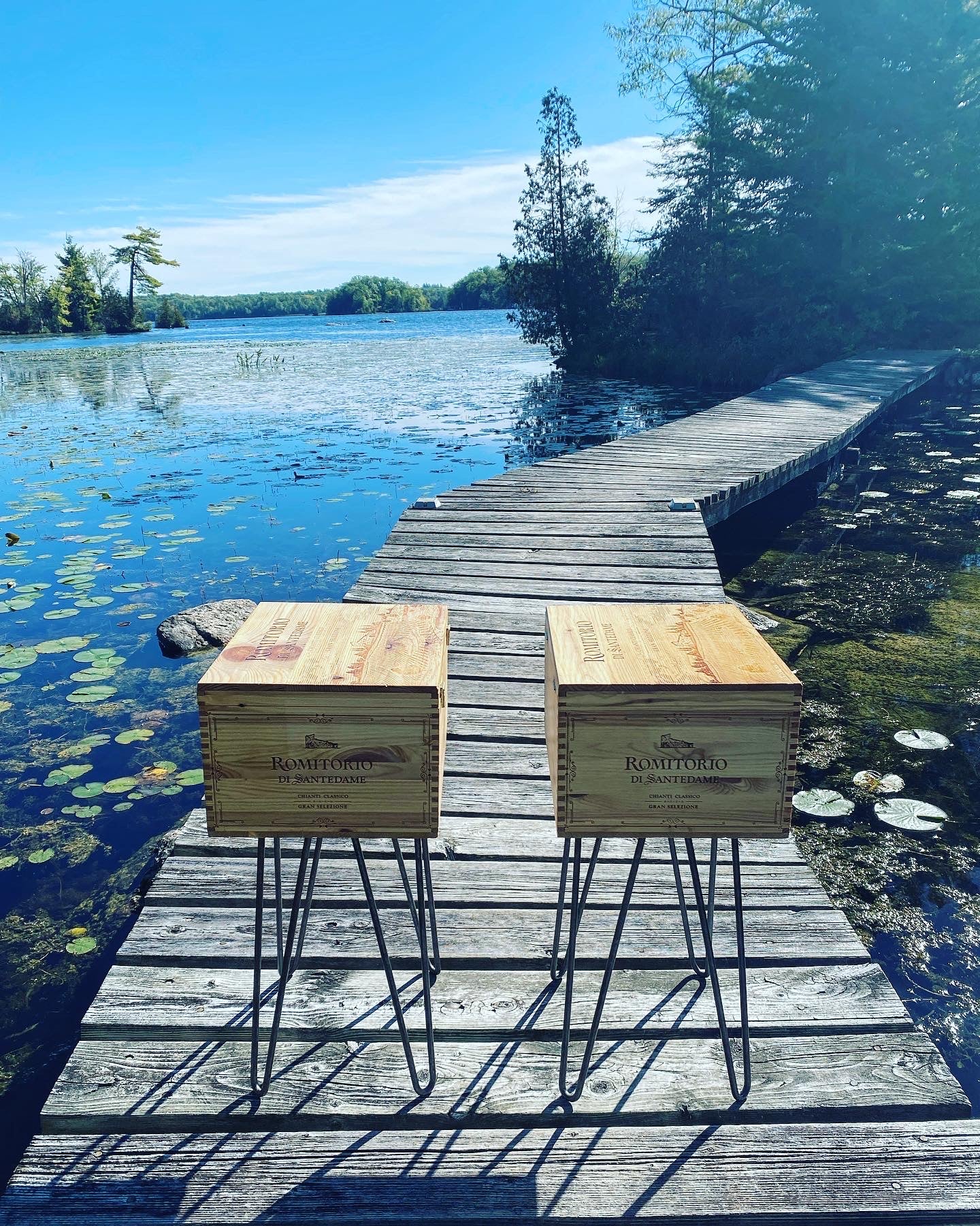 Ruffino Romitorio upcycled wooden wine crate Side Table with Hinged Lid from Ruffino winery in Tuscany, Italy.