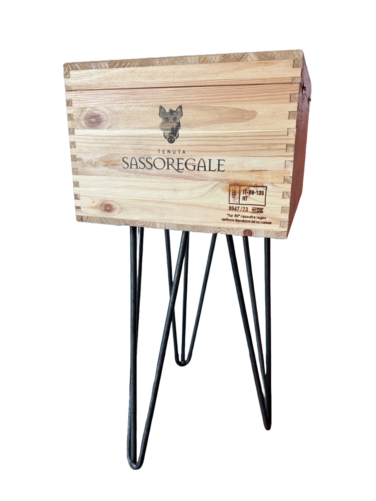 Sassoregale Vermentino upcycled wooden wine crate Side Table with Hinged Lid from Sassoregale winery in Tuscany, Italy.