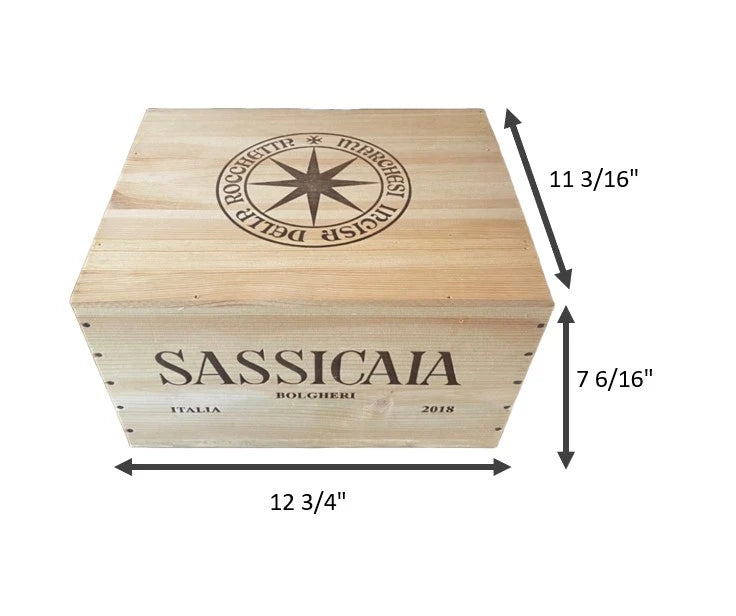 Sassicaia repurposed wooden wine crate with Detached Lid from Tenuta San Guido winery in Bolgheri, Tuscany, Italy.