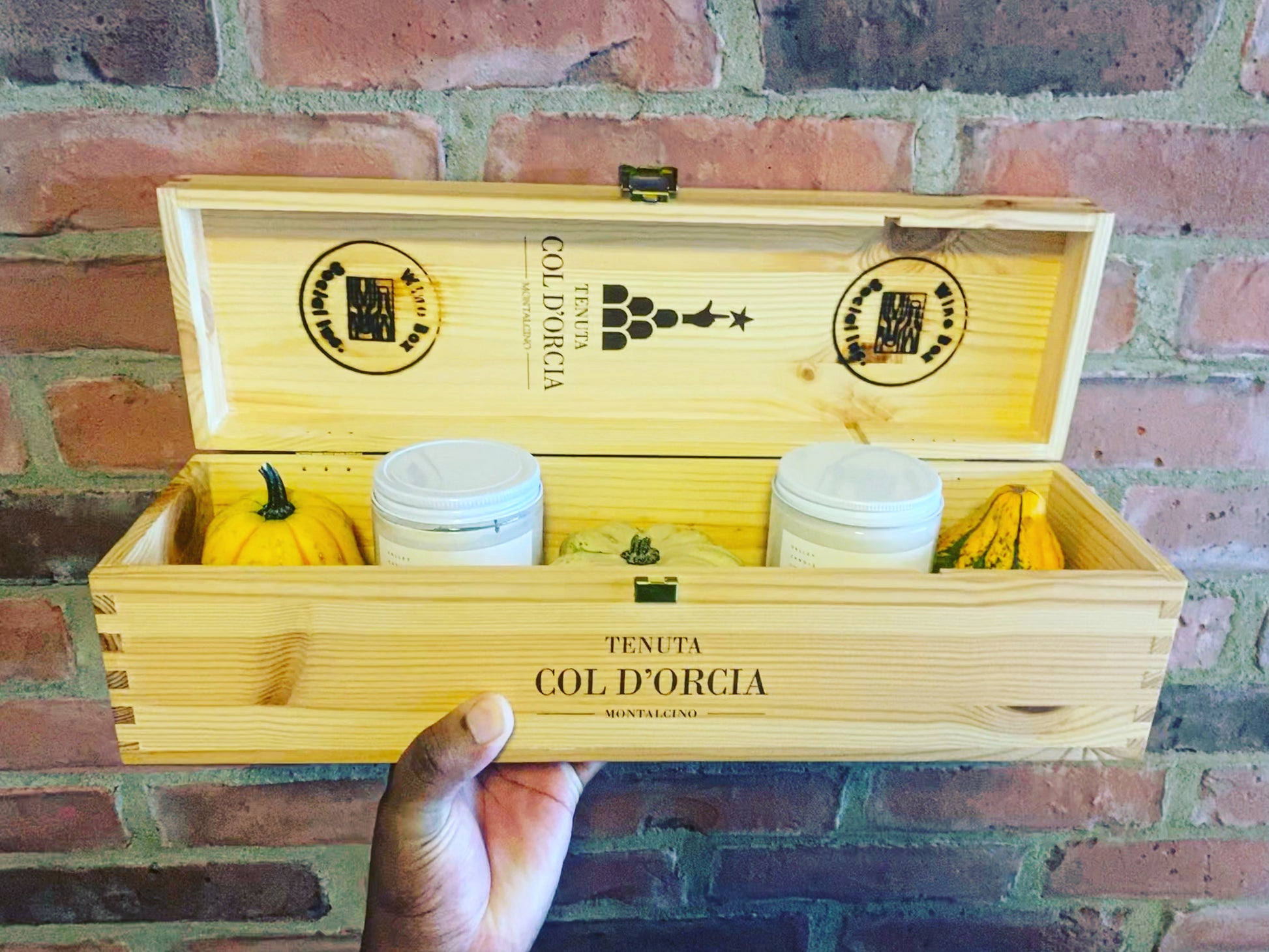 Montalcino upcycled wooden wine crate Storage Box with Hinged Lid from Col d’Orcia winery in Italy.