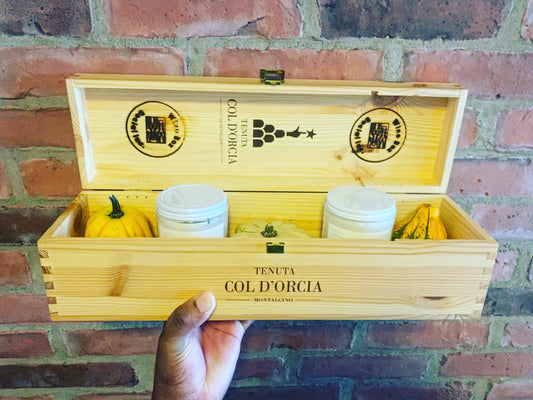 Montalcino upcycled wooden wine crate Storage Box with Hinged Lid from Col d’Orcia winery in Italy.