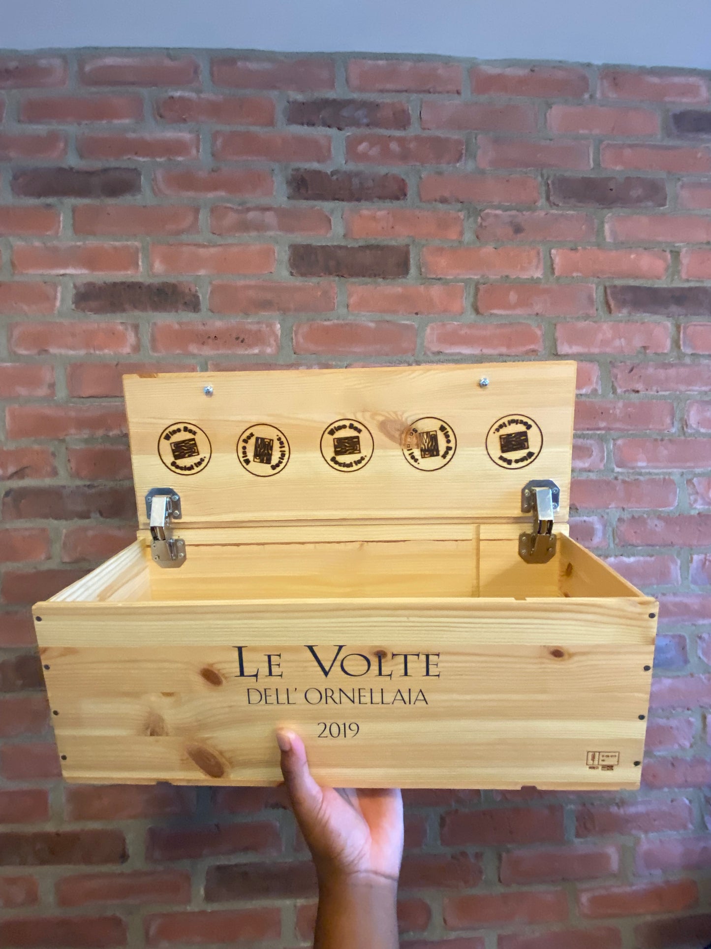 Le Volte Red Blend upcycled wooden wine crate Storage Box with Hinged Lid from Ornellaia winery in Tuscany, Italy.