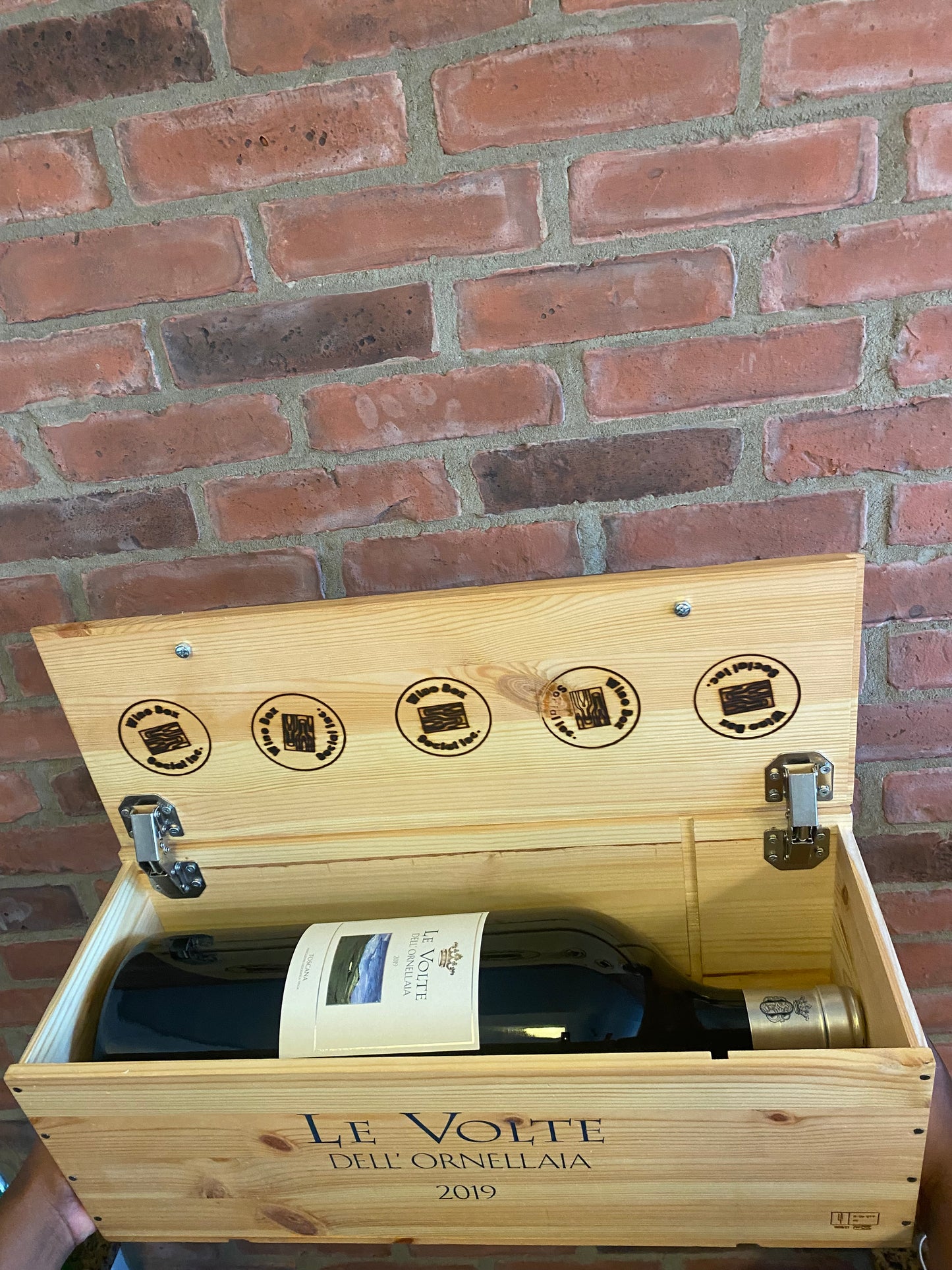 Le Volte Red Blend upcycled wooden wine crate Storage Box with Hinged Lid from Ornellaia winery in Tuscany, Italy.
