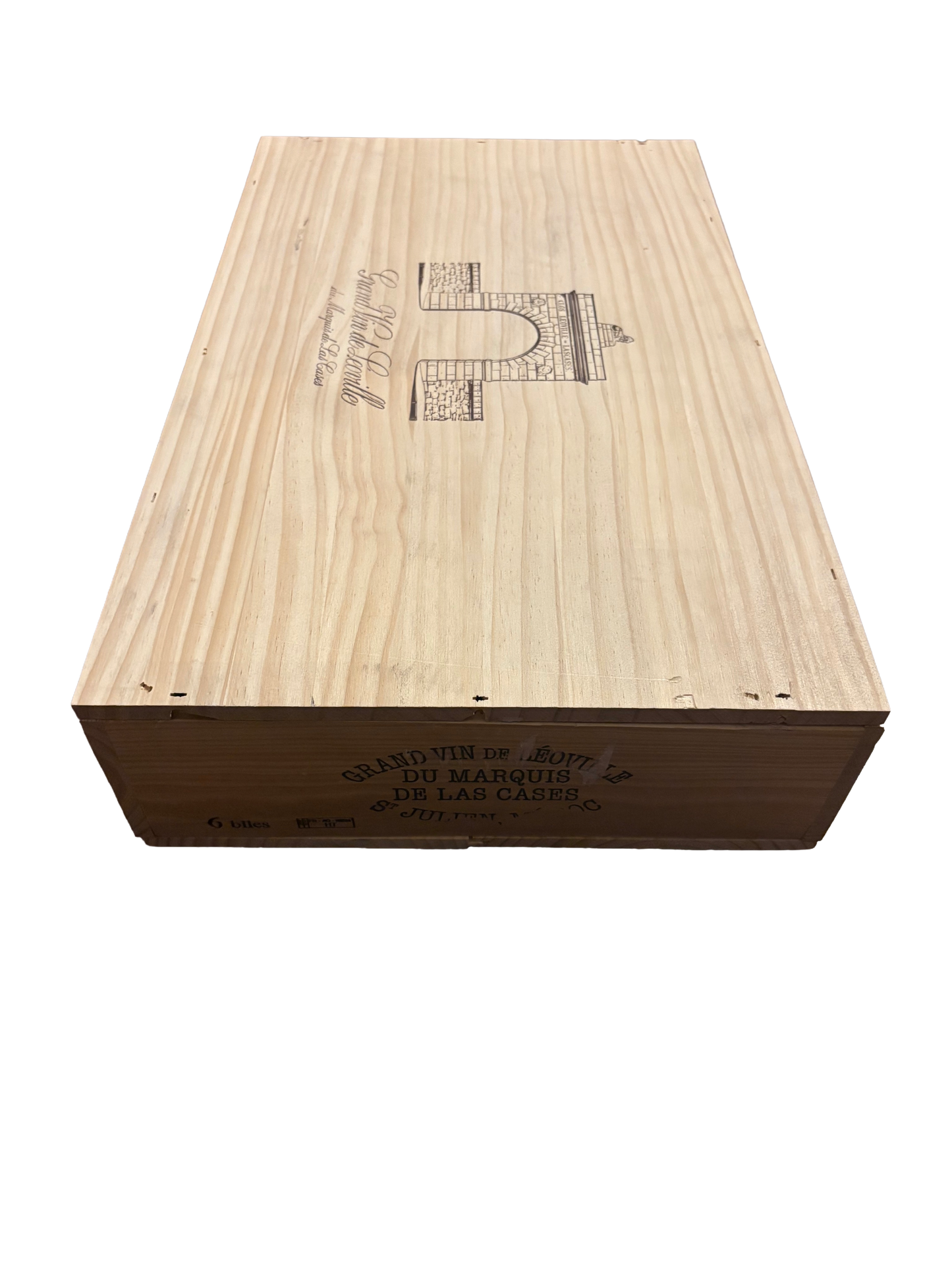 Château Léoville du Marquis repurposed wooden wine crate with Detached Lid from Château Léoville-Las Cases winery in Bordeaux, France.