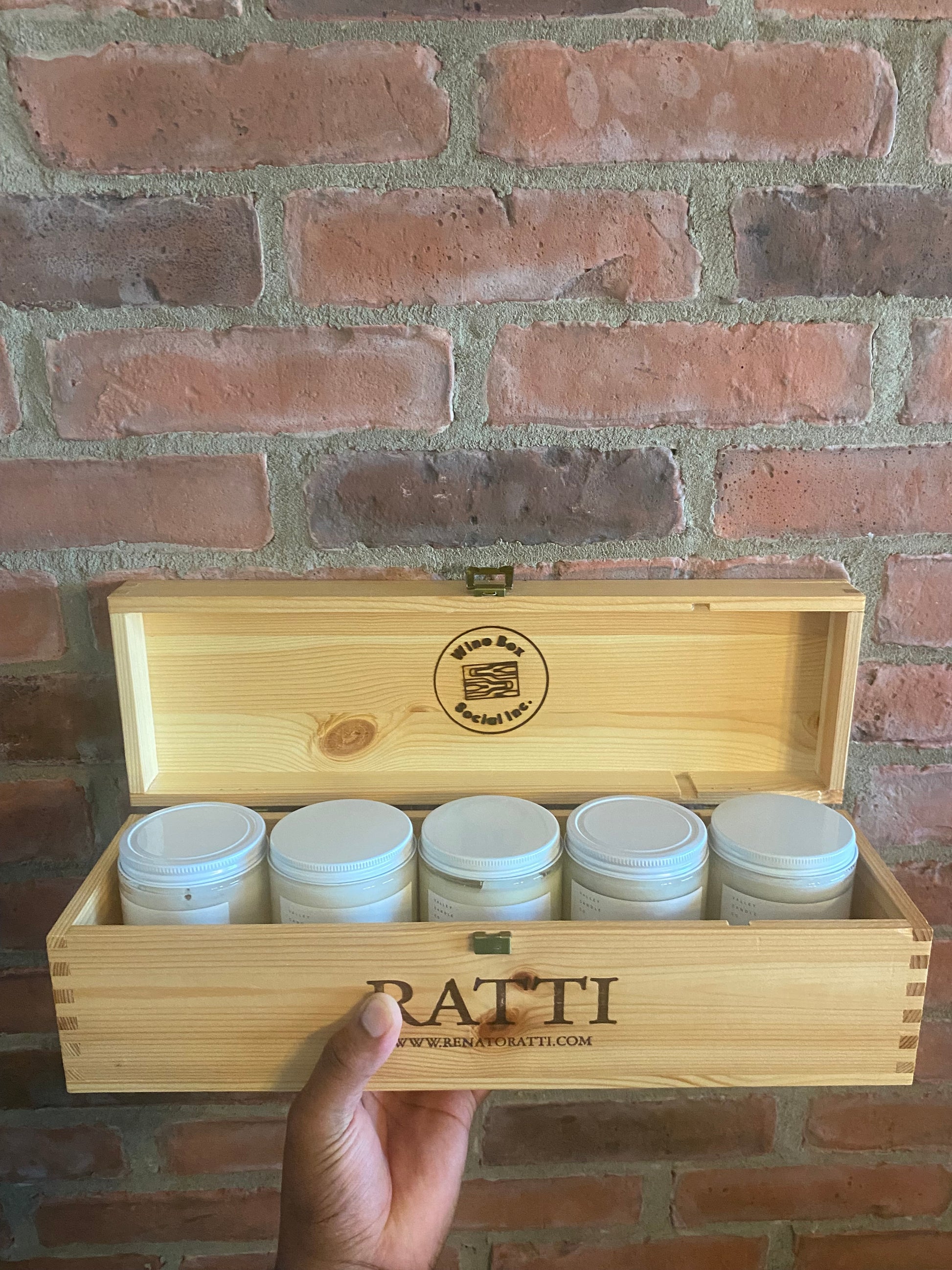 Ratti Barolo upcycled wooden wine crate Storage Box with Hinged Lid from Cantina Ratti winery in Italy.